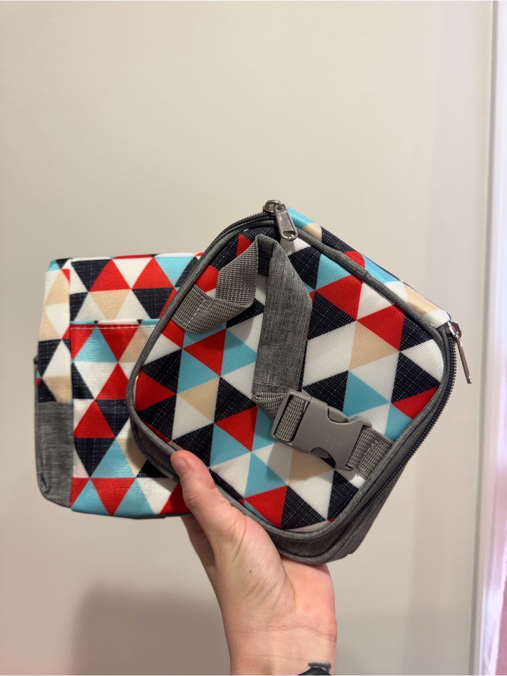 Geometric Triangle Print Insulated Bag - nursing, breast milk storage, 2 bags